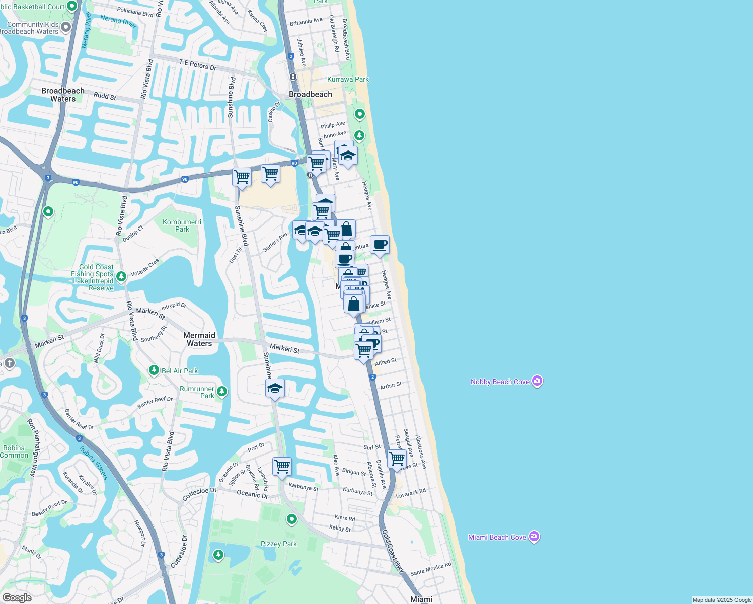 map of restaurants, bars, coffee shops, grocery stores, and more near 23 Venice Street in Mermaid Beach