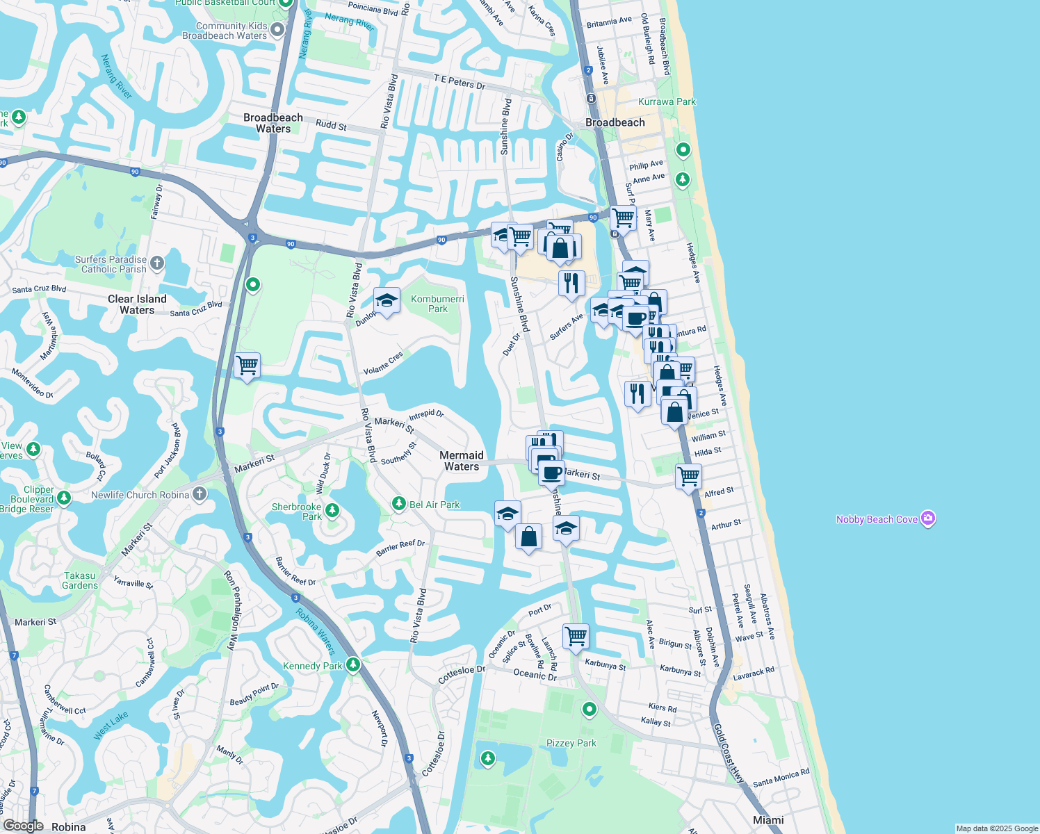 map of restaurants, bars, coffee shops, grocery stores, and more near 3 Angie Court in Mermaid Waters