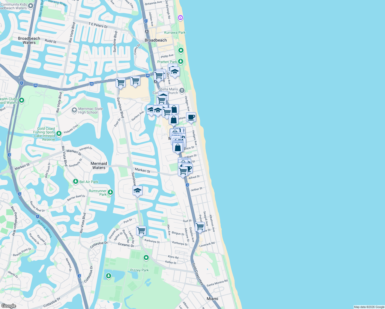 map of restaurants, bars, coffee shops, grocery stores, and more near 17 William Street in Mermaid Beach