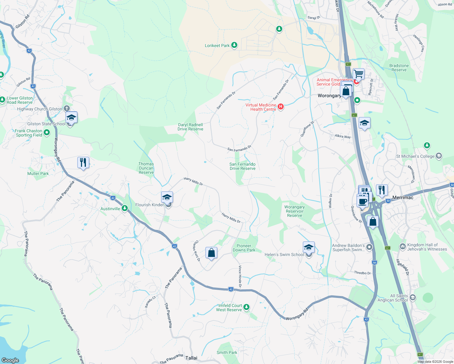 map of restaurants, bars, coffee shops, grocery stores, and more near 26 The Pinnacle in Worongary