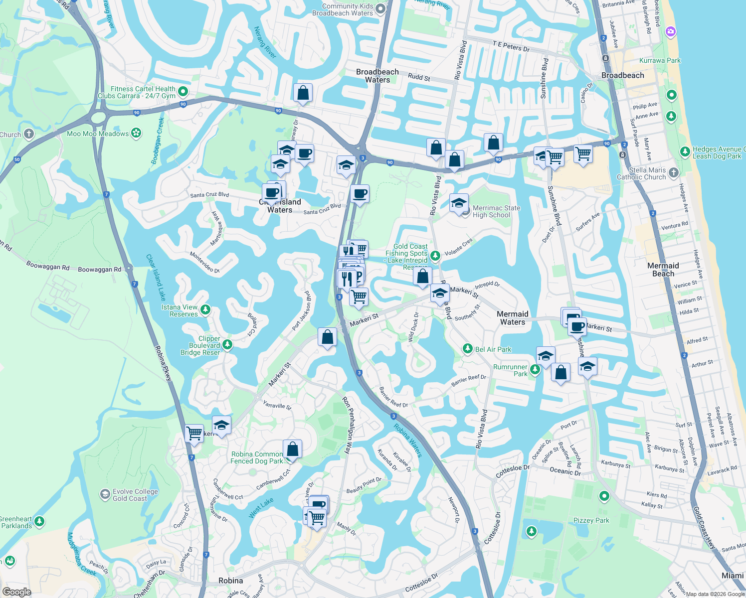 map of restaurants, bars, coffee shops, grocery stores, and more near 10 Wollundry Place in Mermaid Waters
