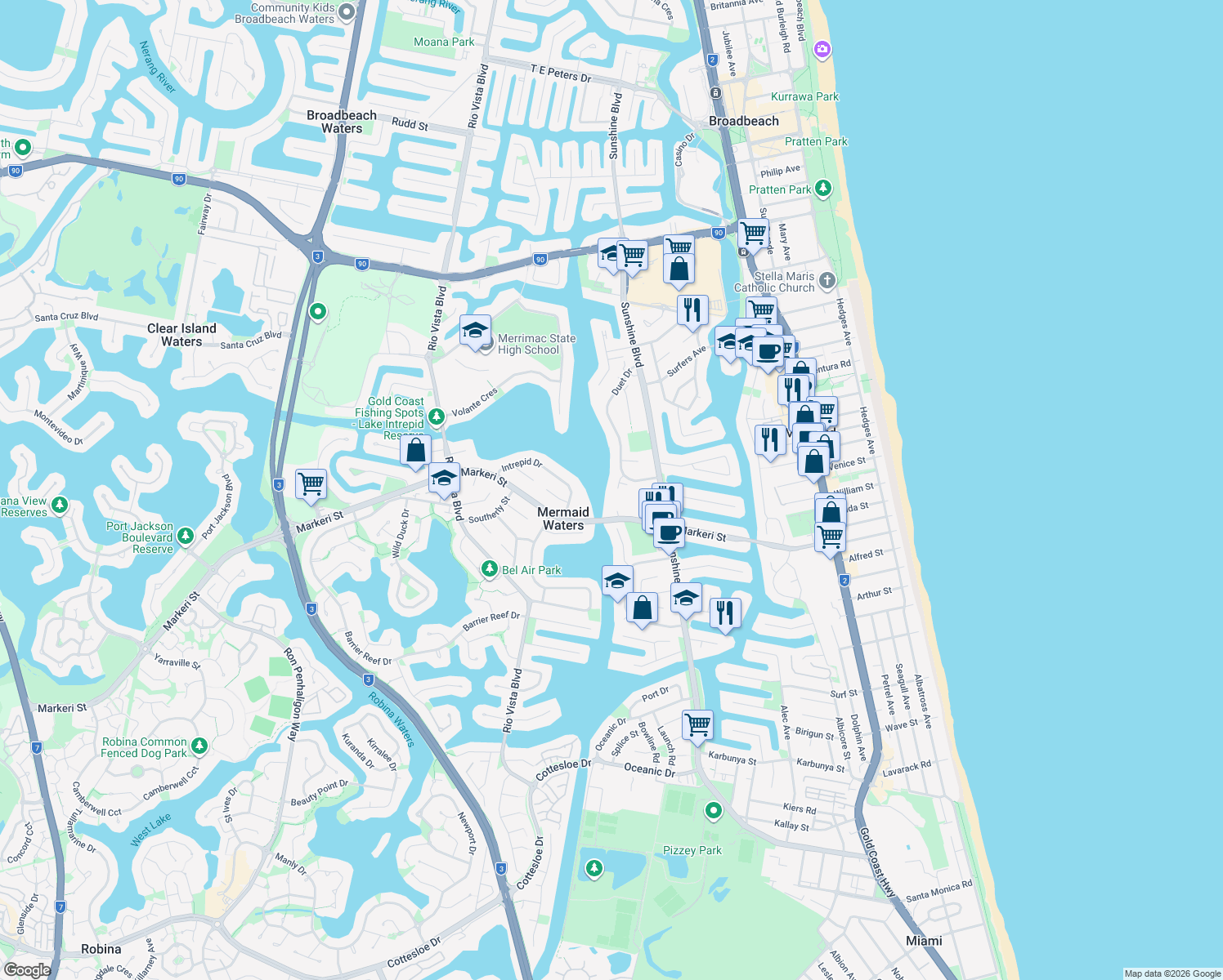 map of restaurants, bars, coffee shops, grocery stores, and more near 9 Jodie Court in Mermaid Waters