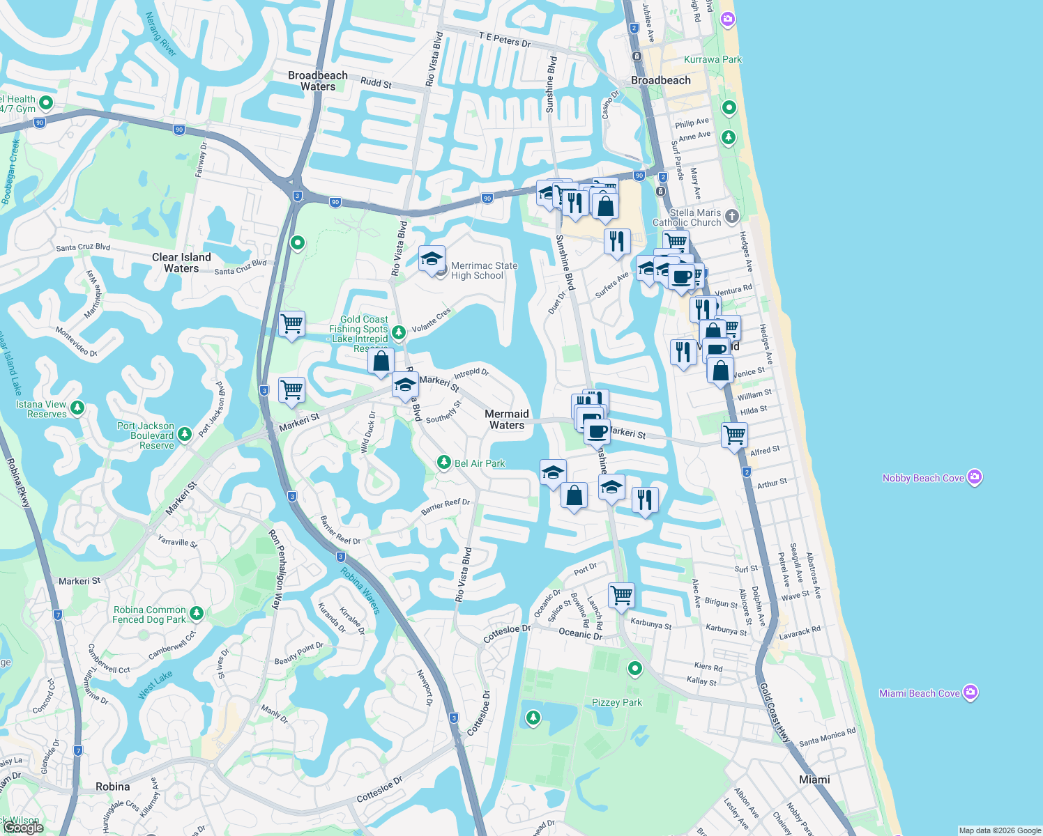 map of restaurants, bars, coffee shops, grocery stores, and more near 7 Australis Court in Mermaid Waters