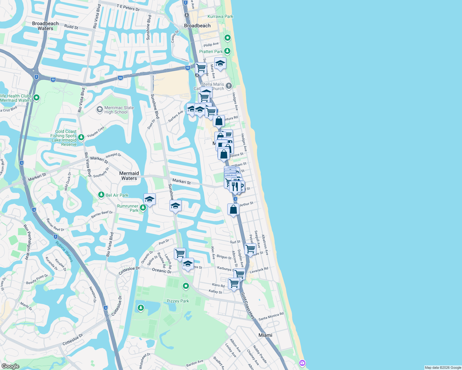 map of restaurants, bars, coffee shops, grocery stores, and more near 31 Seabeach Avenue in Mermaid Beach