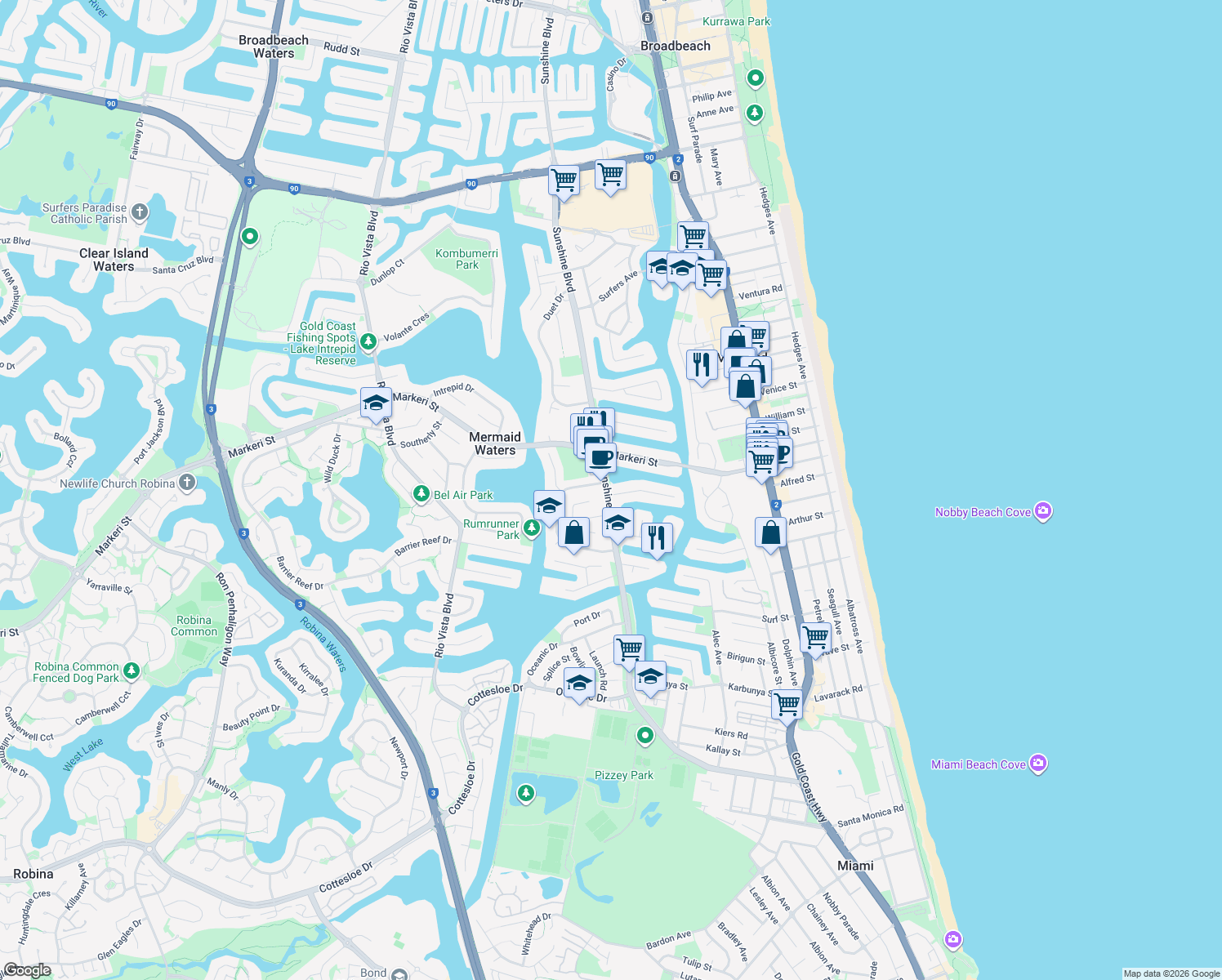 map of restaurants, bars, coffee shops, grocery stores, and more near 2 Weatherly Avenue in Mermaid Waters