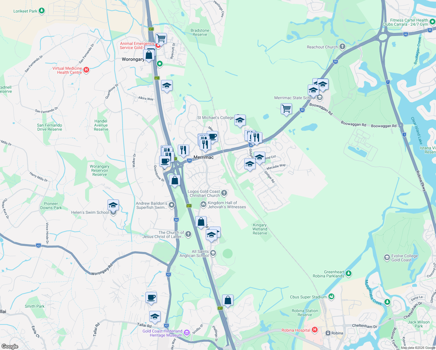 map of restaurants, bars, coffee shops, grocery stores, and more near 3-7 Red Ash Court in Merrimac