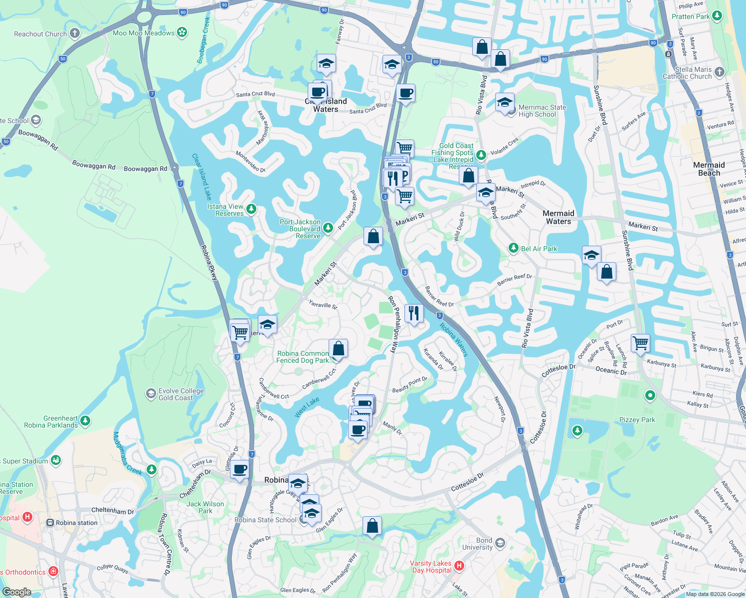 map of restaurants, bars, coffee shops, grocery stores, and more near 12 Parkdale Court in Robina