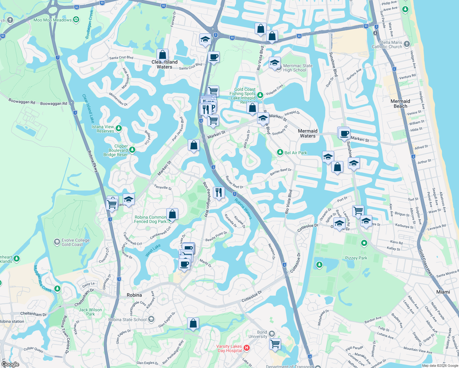 map of restaurants, bars, coffee shops, grocery stores, and more near 70 Barrier Reef Drive in Mermaid Waters