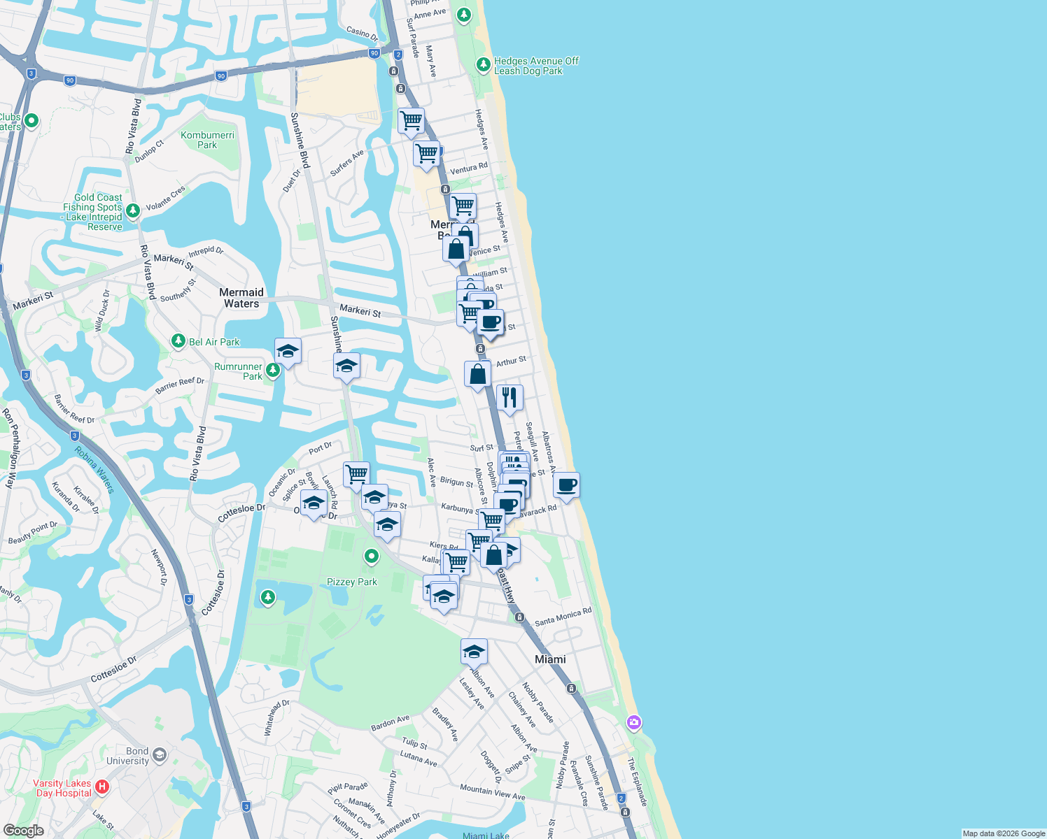 map of restaurants, bars, coffee shops, grocery stores, and more near 96 Seagull Avenue in Mermaid Beach