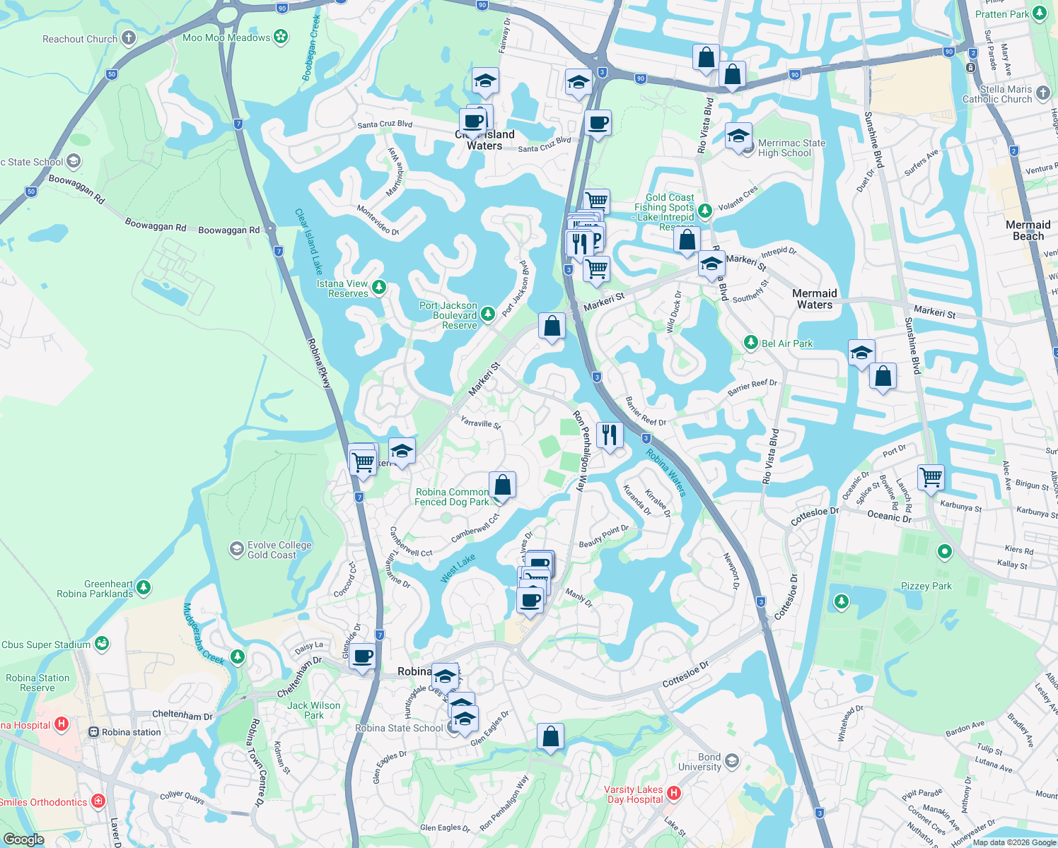 map of restaurants, bars, coffee shops, grocery stores, and more near 19 Essendon Place in Robina