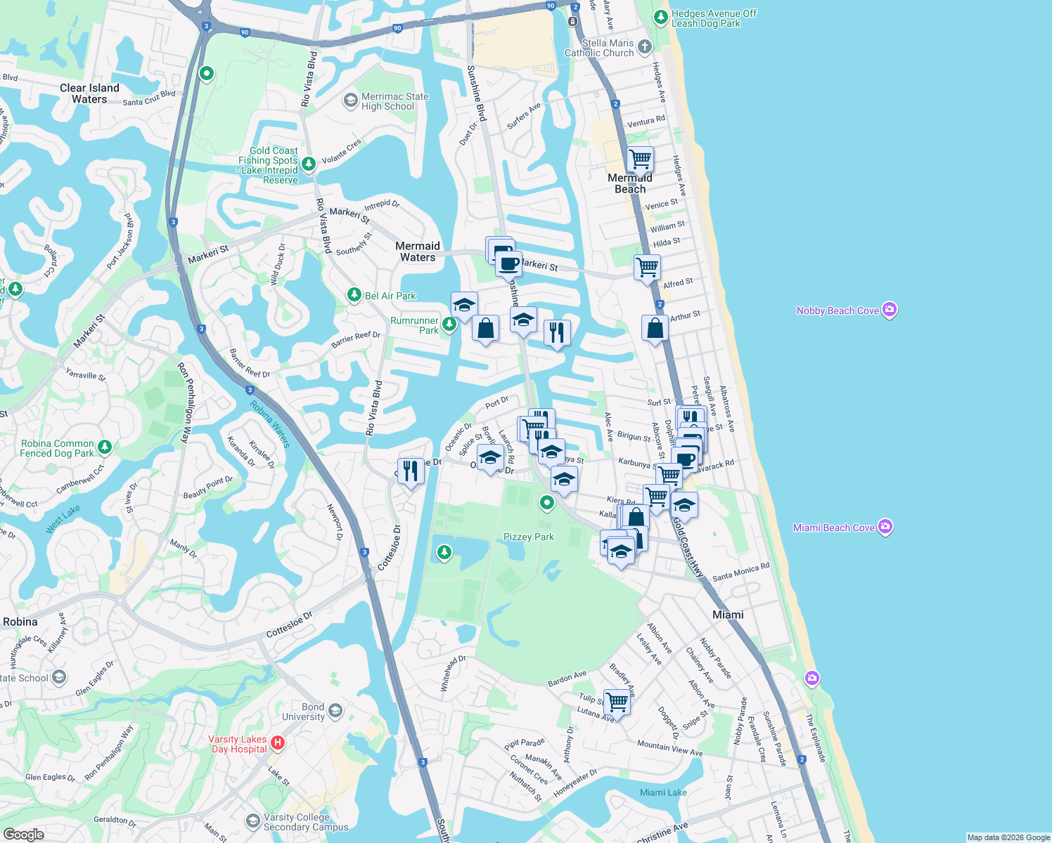 map of restaurants, bars, coffee shops, grocery stores, and more near 15 Hood Court in Mermaid Waters