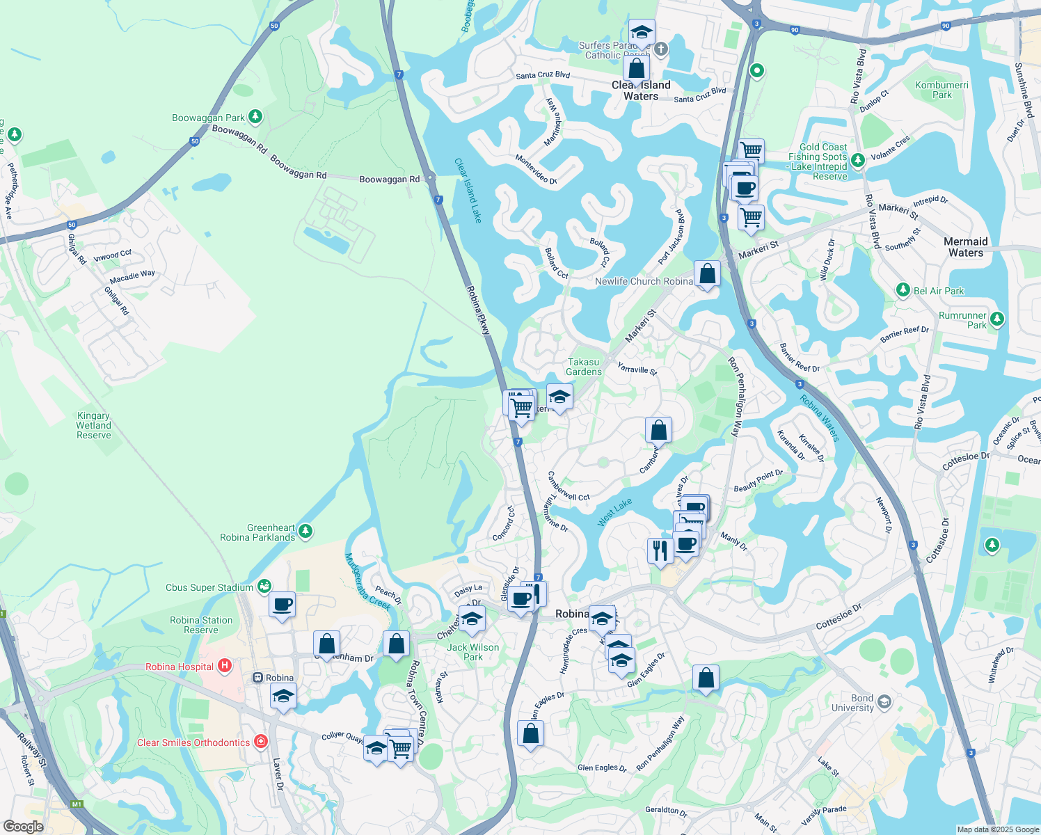 map of restaurants, bars, coffee shops, grocery stores, and more near 361 Robina Parkway in Robina