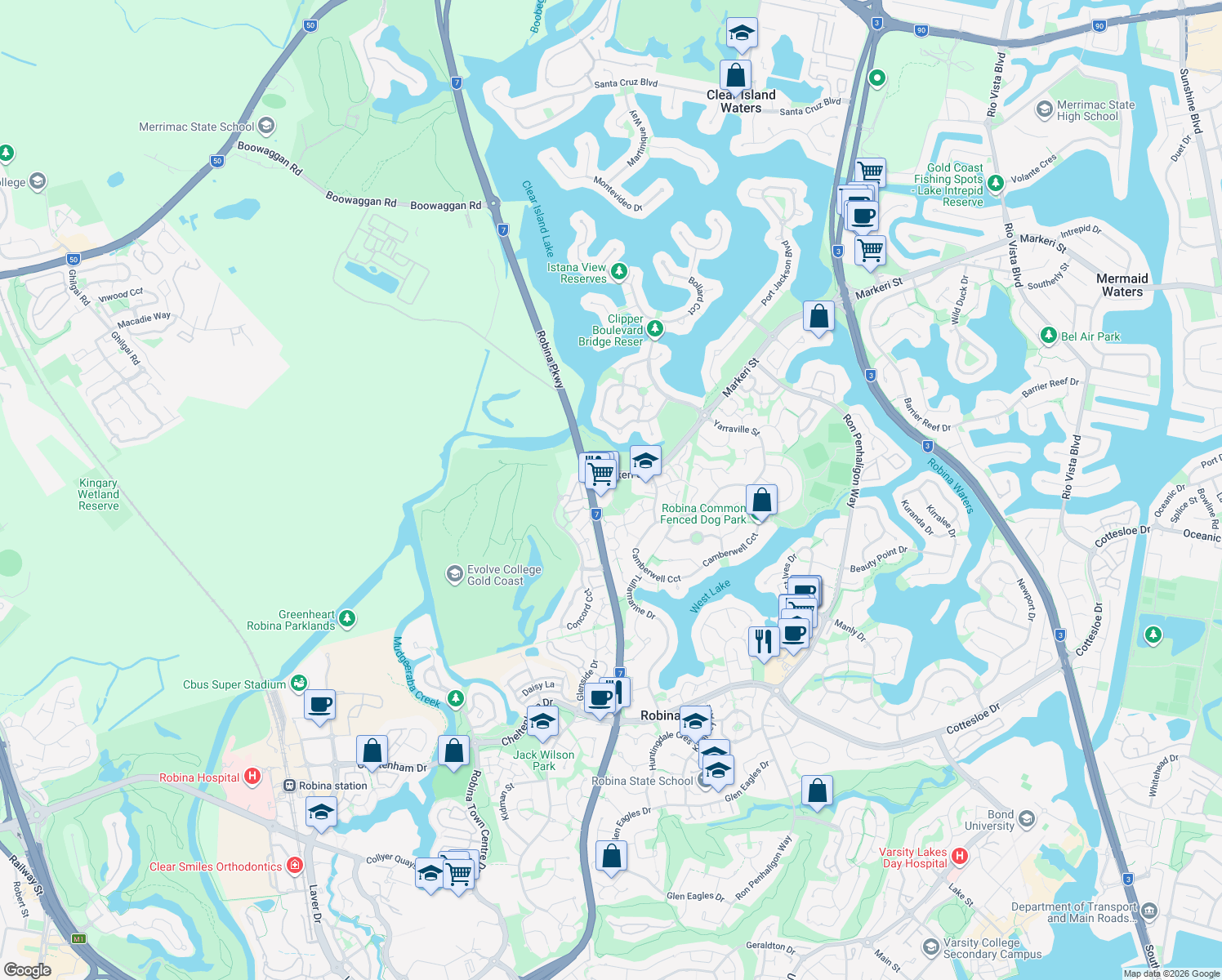 map of restaurants, bars, coffee shops, grocery stores, and more near 361 Robina Parkway in Robina