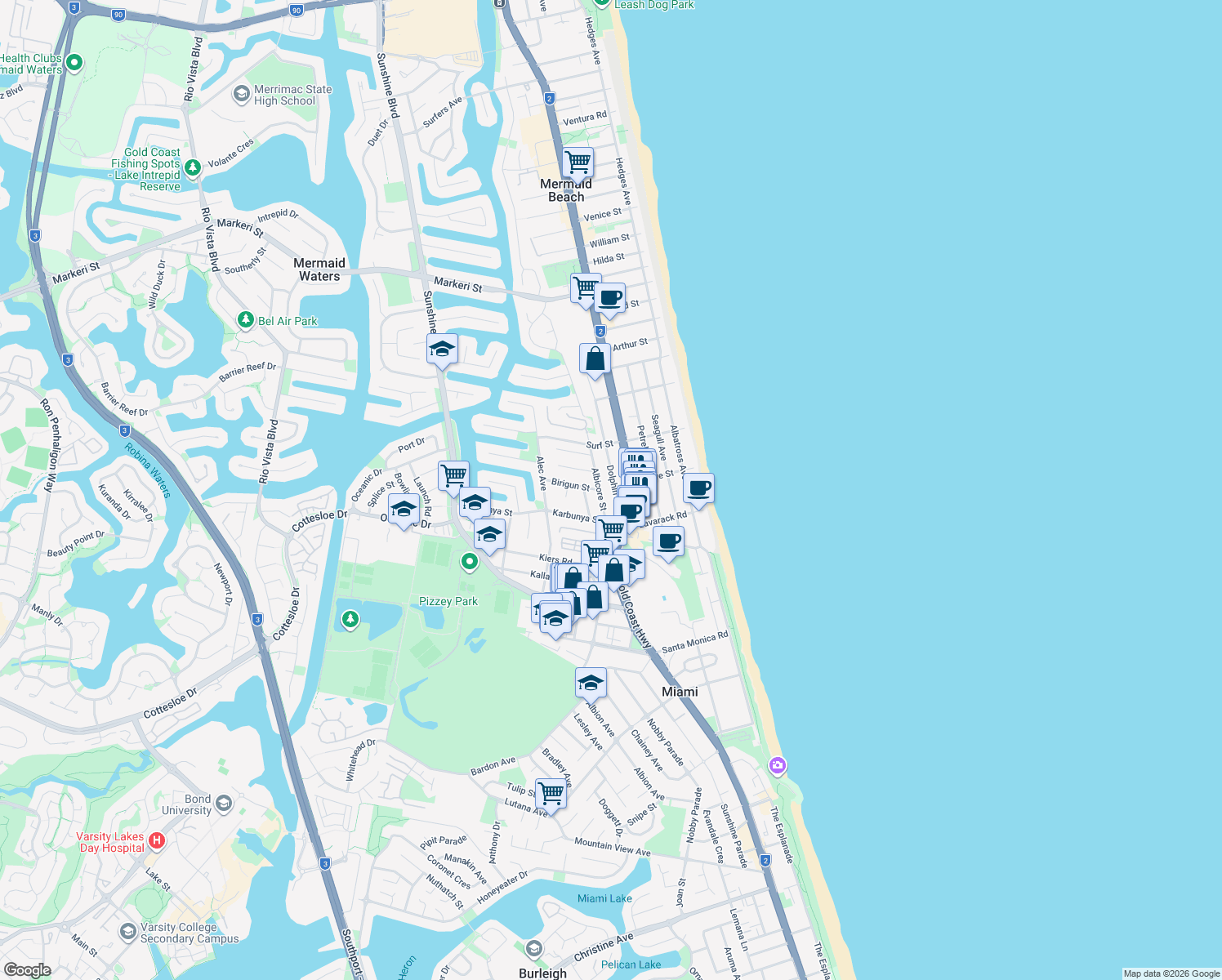 map of restaurants, bars, coffee shops, grocery stores, and more near 26 Dolphin Avenue in Mermaid Beach