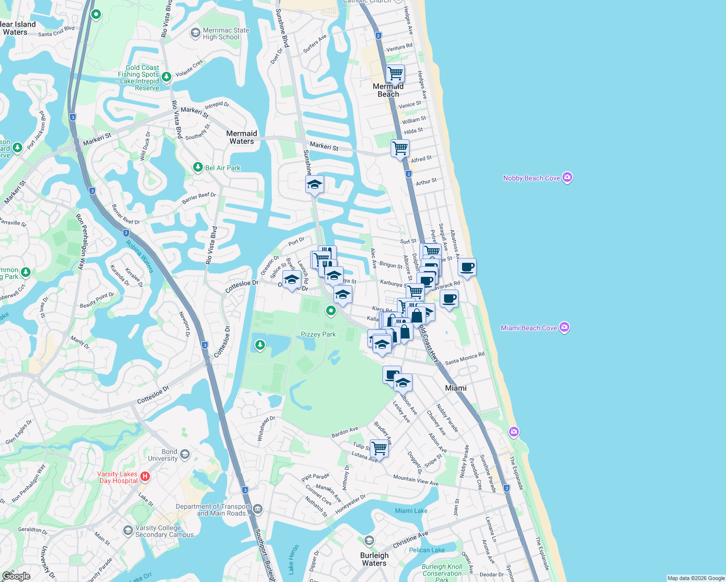 map of restaurants, bars, coffee shops, grocery stores, and more near 5 Binnacle Court in Mermaid Waters