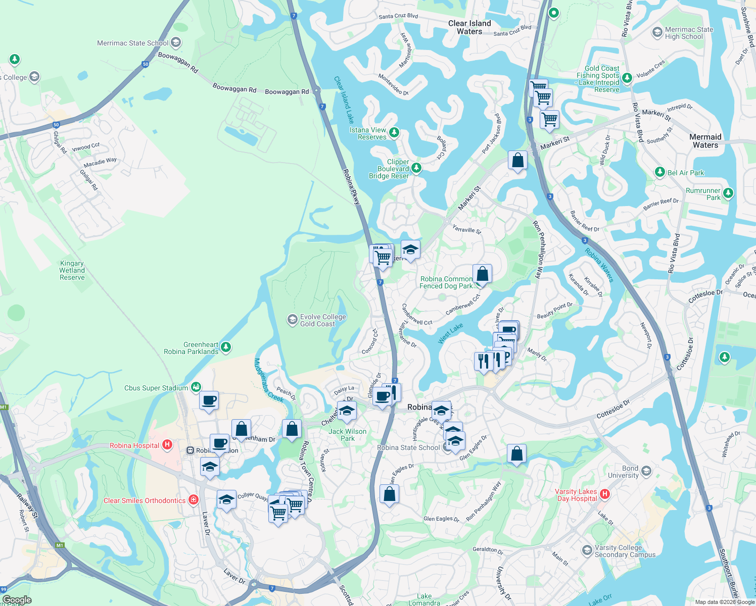 map of restaurants, bars, coffee shops, grocery stores, and more near 15 Hillsborough Close in Robina
