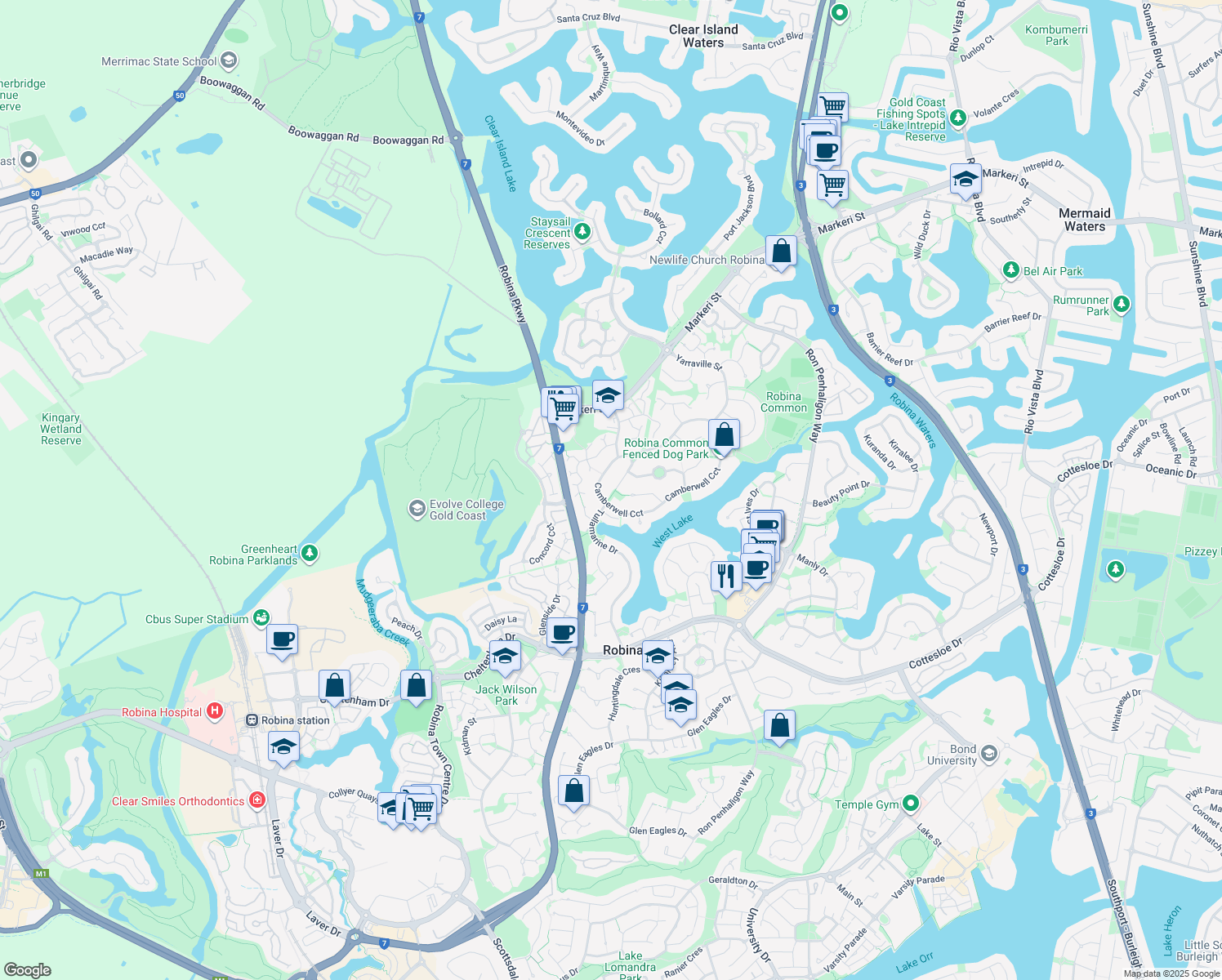 map of restaurants, bars, coffee shops, grocery stores, and more near 17 Kensington Street in Robina