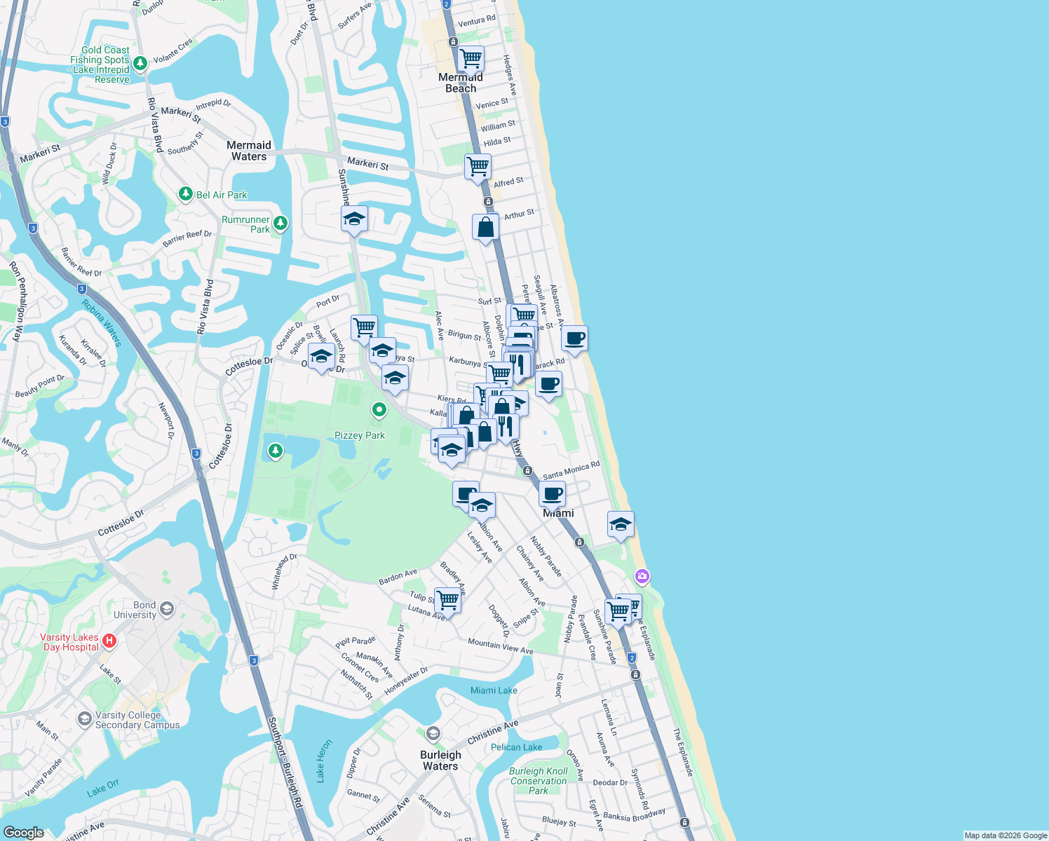 map of restaurants, bars, coffee shops, grocery stores, and more near 2137 Gold Coast Highway in Miami