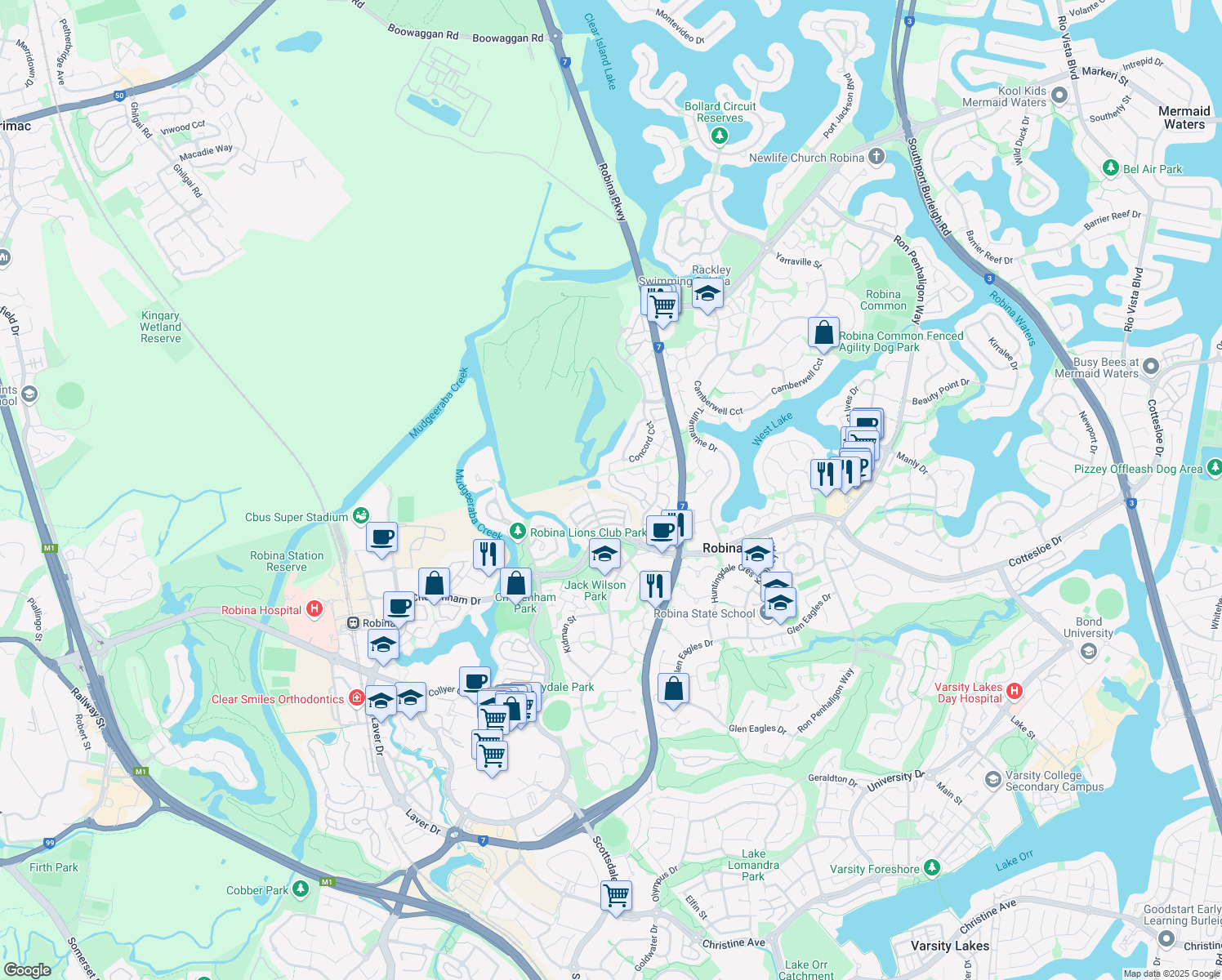 map of restaurants, bars, coffee shops, grocery stores, and more near 22 Glenside Drive in Robina