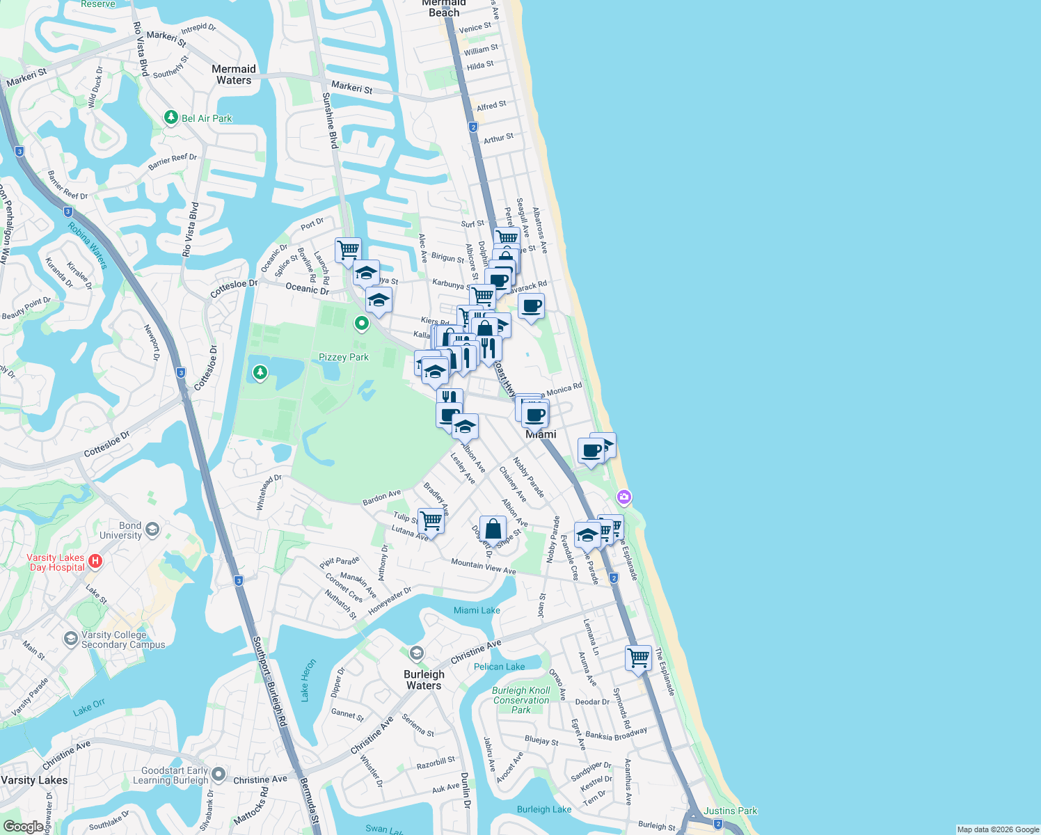 map of restaurants, bars, coffee shops, grocery stores, and more near 2118 Gold Coast Highway in Miami