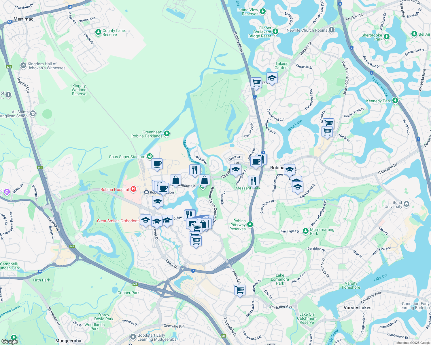 map of restaurants, bars, coffee shops, grocery stores, and more near 9 Cedarwood Crescent in Robina