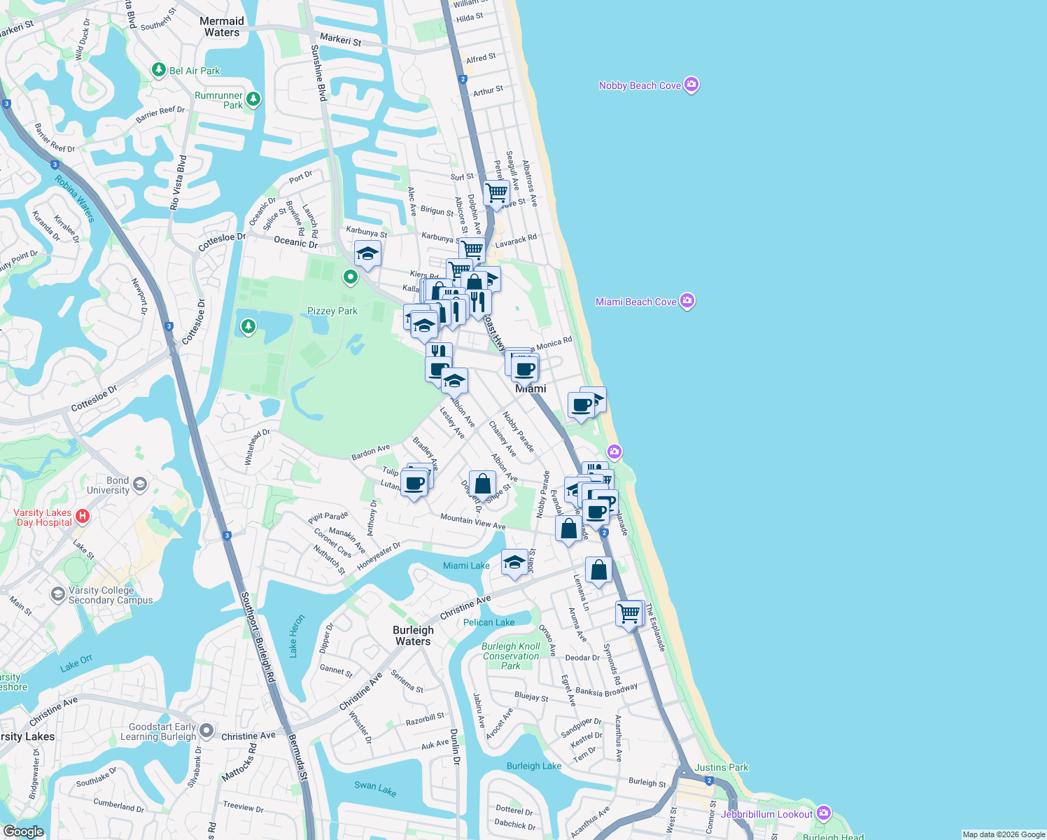 map of restaurants, bars, coffee shops, grocery stores, and more near 128 Sunshine Parade in Miami