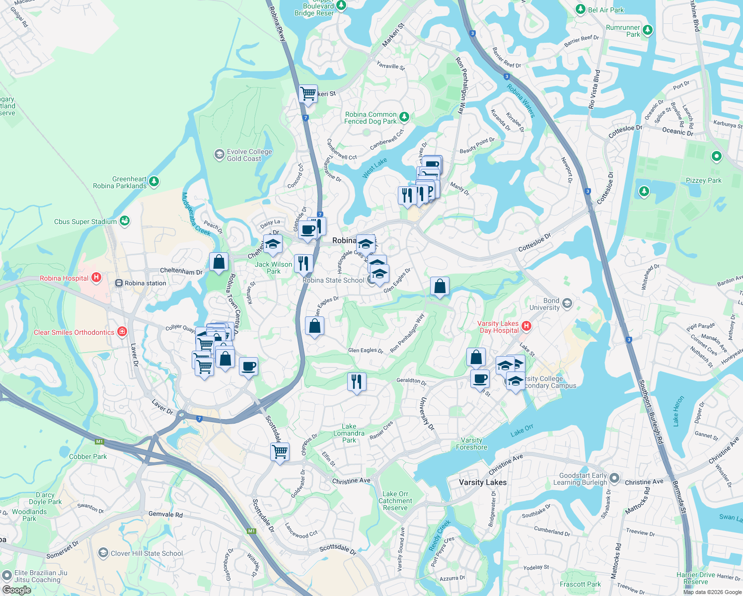 map of restaurants, bars, coffee shops, grocery stores, and more near 46 Glen Eagles Drive in Robina