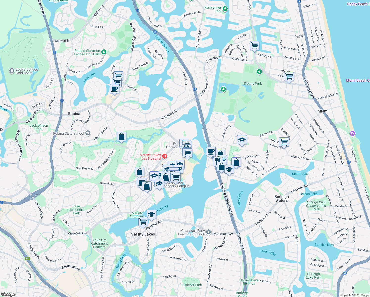 map of restaurants, bars, coffee shops, grocery stores, and more near 14 University Drive in Robina