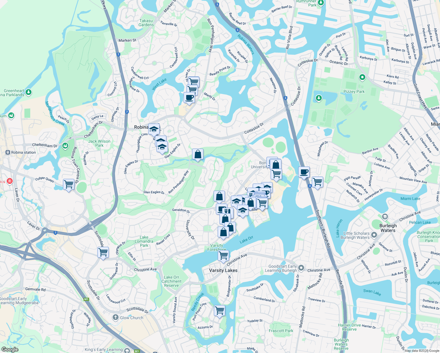map of restaurants, bars, coffee shops, grocery stores, and more near 13 Andromeda Parade in Robina