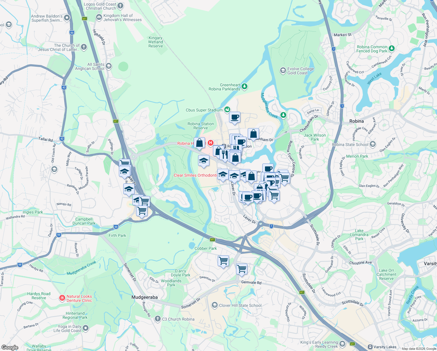 map of restaurants, bars, coffee shops, grocery stores, and more near Investigator Drive in Robina