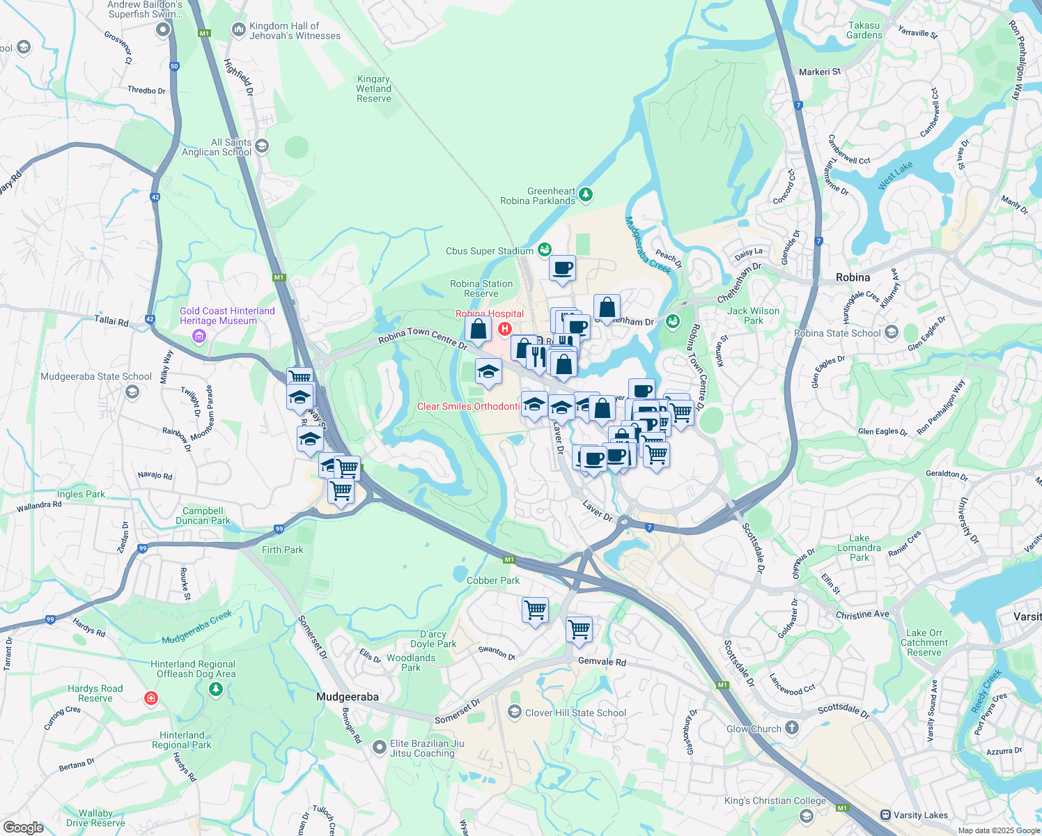 map of restaurants, bars, coffee shops, grocery stores, and more near Investigator Drive in Robina