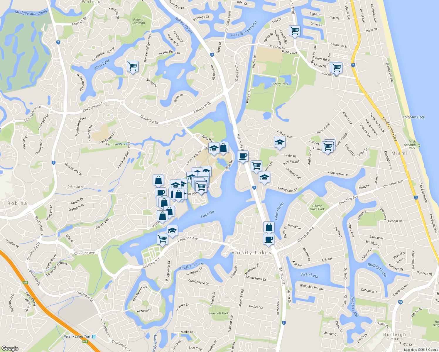 map of restaurants, bars, coffee shops, grocery stores, and more near Ring Road in Varsity Lakes