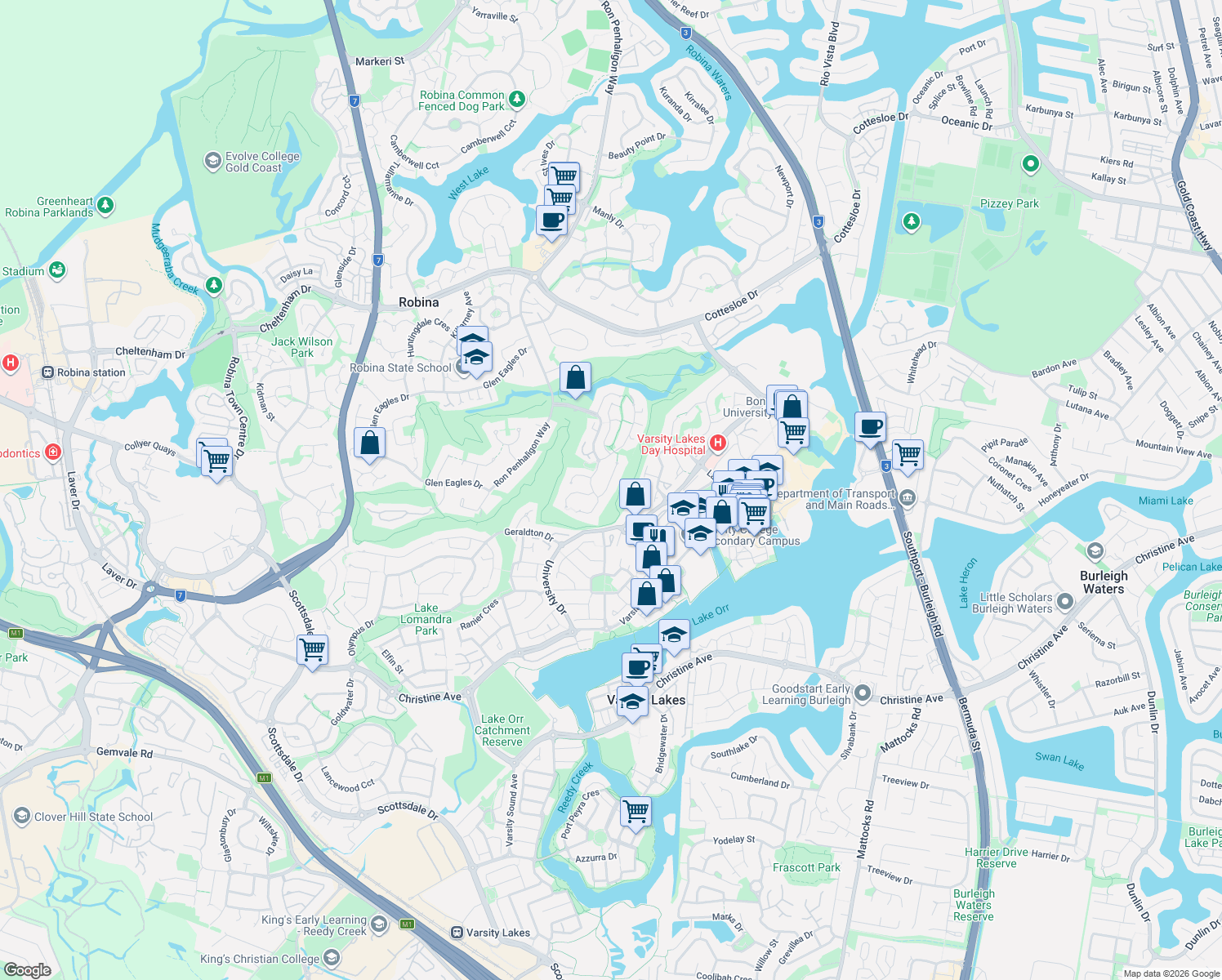 map of restaurants, bars, coffee shops, grocery stores, and more near 7 Lacerta Avenue in Robina