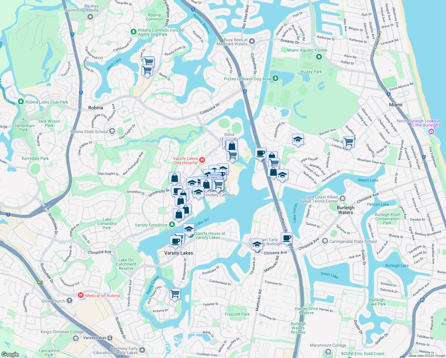map of restaurants, bars, coffee shops, grocery stores, and more near 246 Varsity Parade in Varsity Lakes