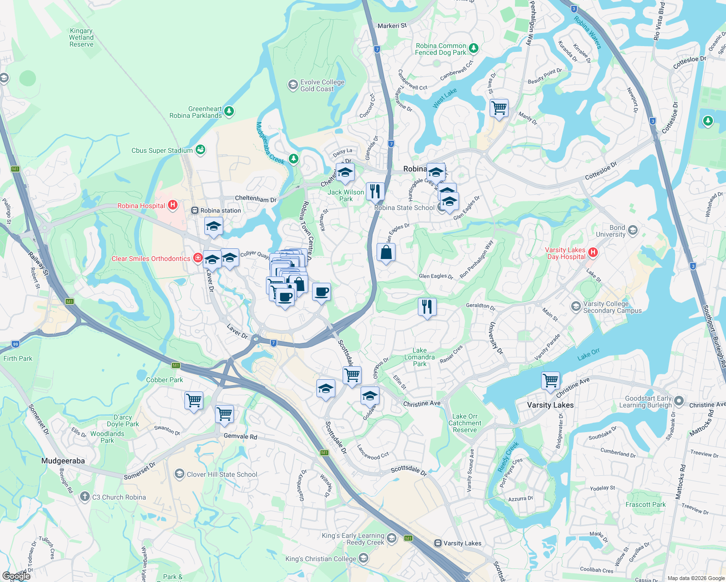 map of restaurants, bars, coffee shops, grocery stores, and more near 4 Unley Place in Robina