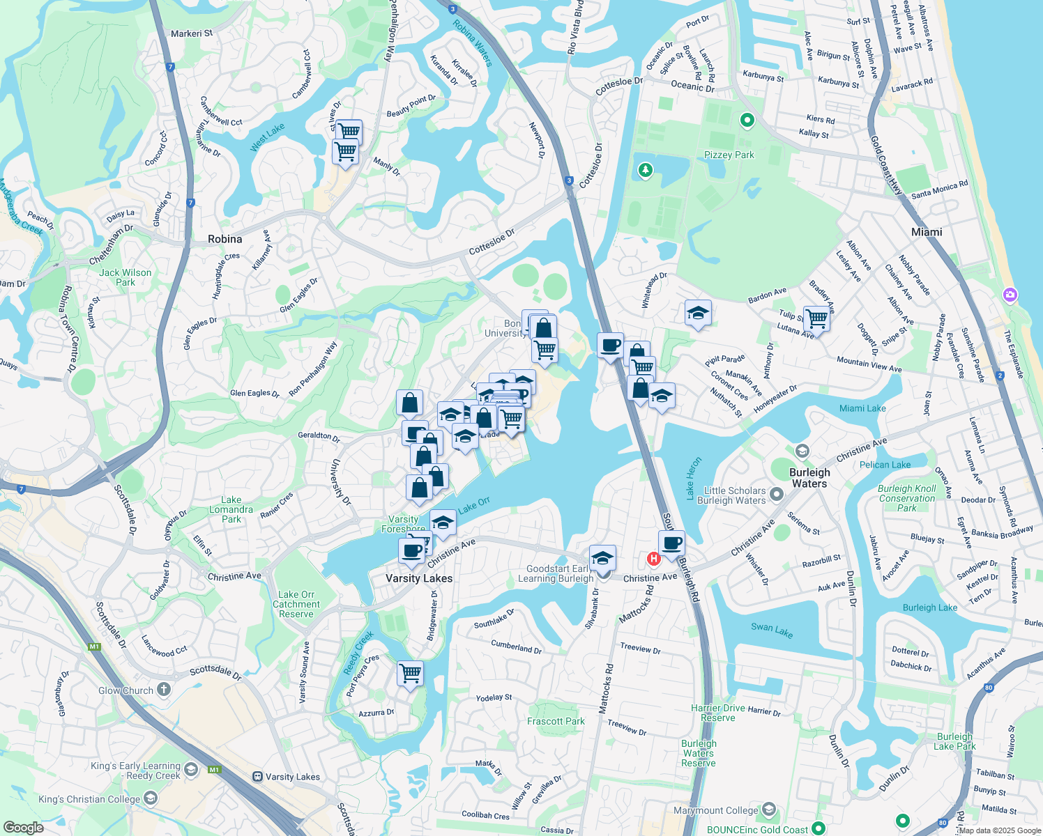 map of restaurants, bars, coffee shops, grocery stores, and more near 240 Varsity Parade in Varsity Lakes