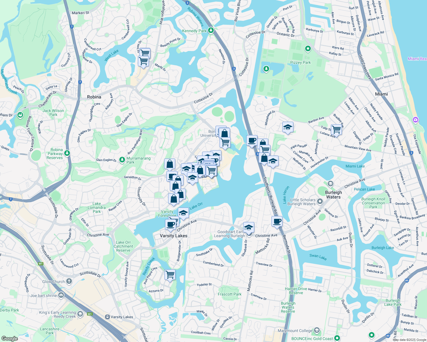 map of restaurants, bars, coffee shops, grocery stores, and more near 240 Varsity Parade in Varsity Lakes