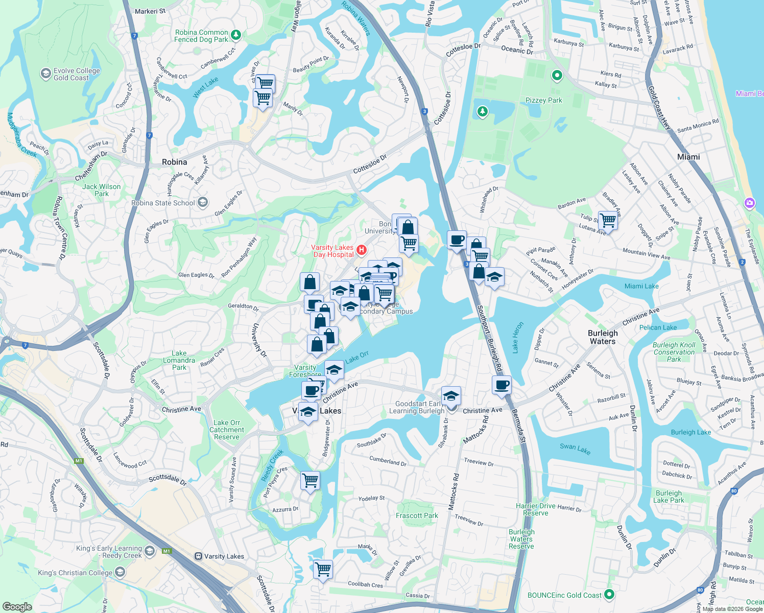 map of restaurants, bars, coffee shops, grocery stores, and more near 201 Varsity Parade in Varsity Lakes