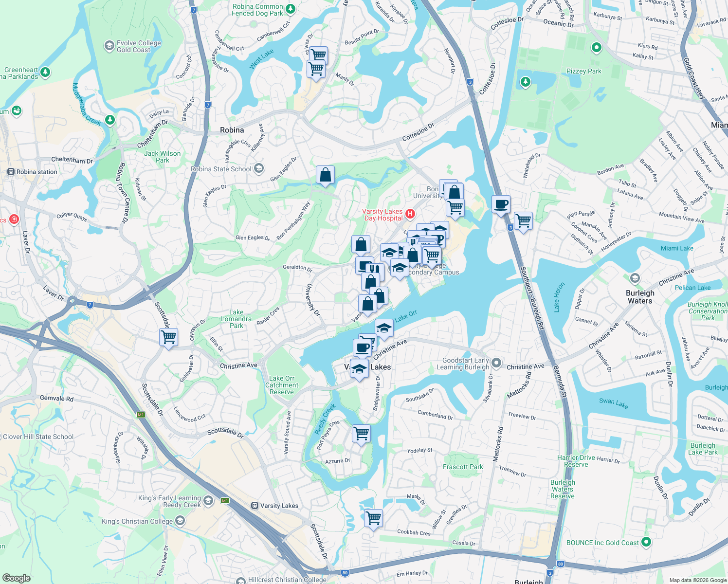 map of restaurants, bars, coffee shops, grocery stores, and more near 12 Bellvue Drive in Varsity Lakes