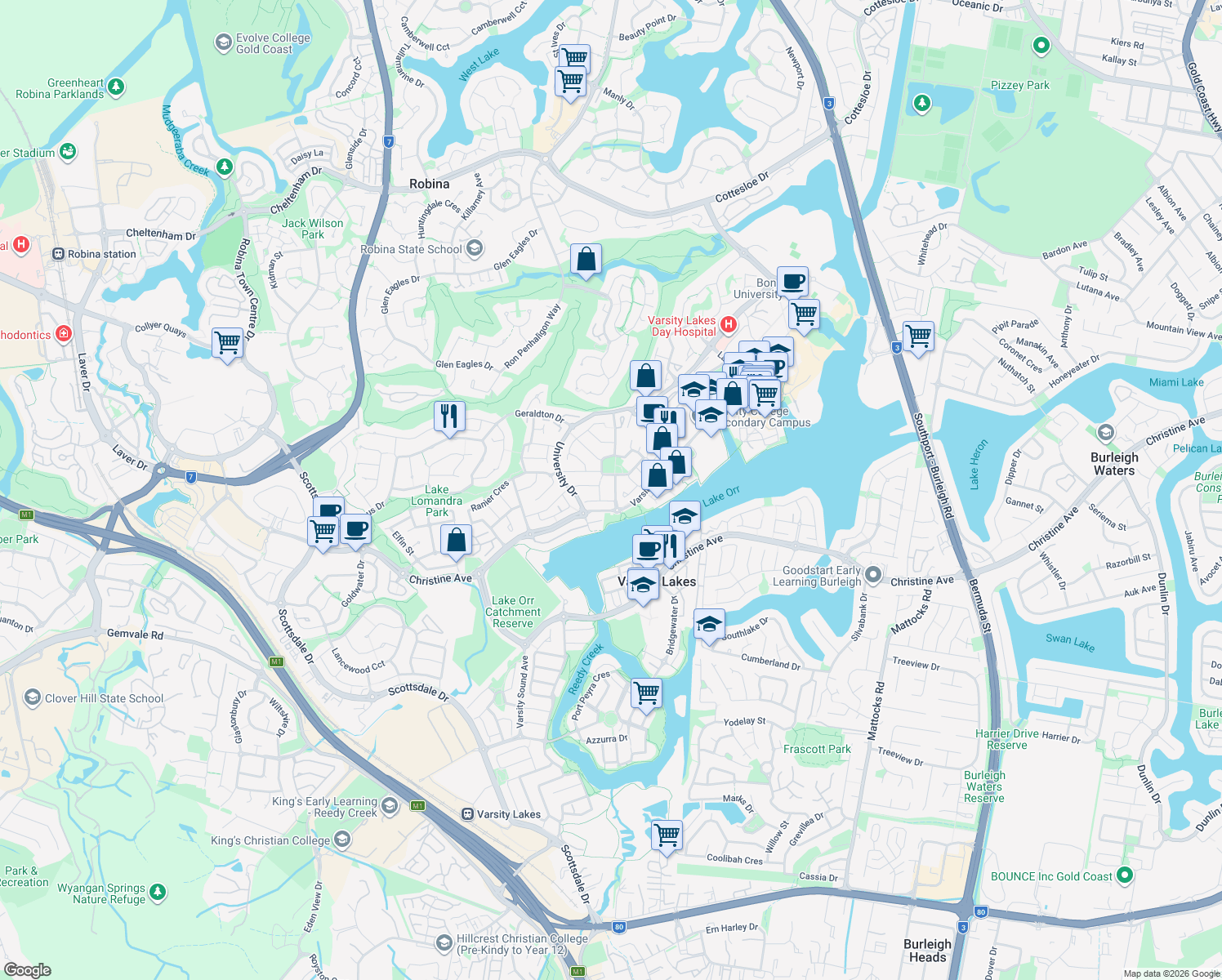 map of restaurants, bars, coffee shops, grocery stores, and more near 39 North Shore Avenue in Varsity Lakes