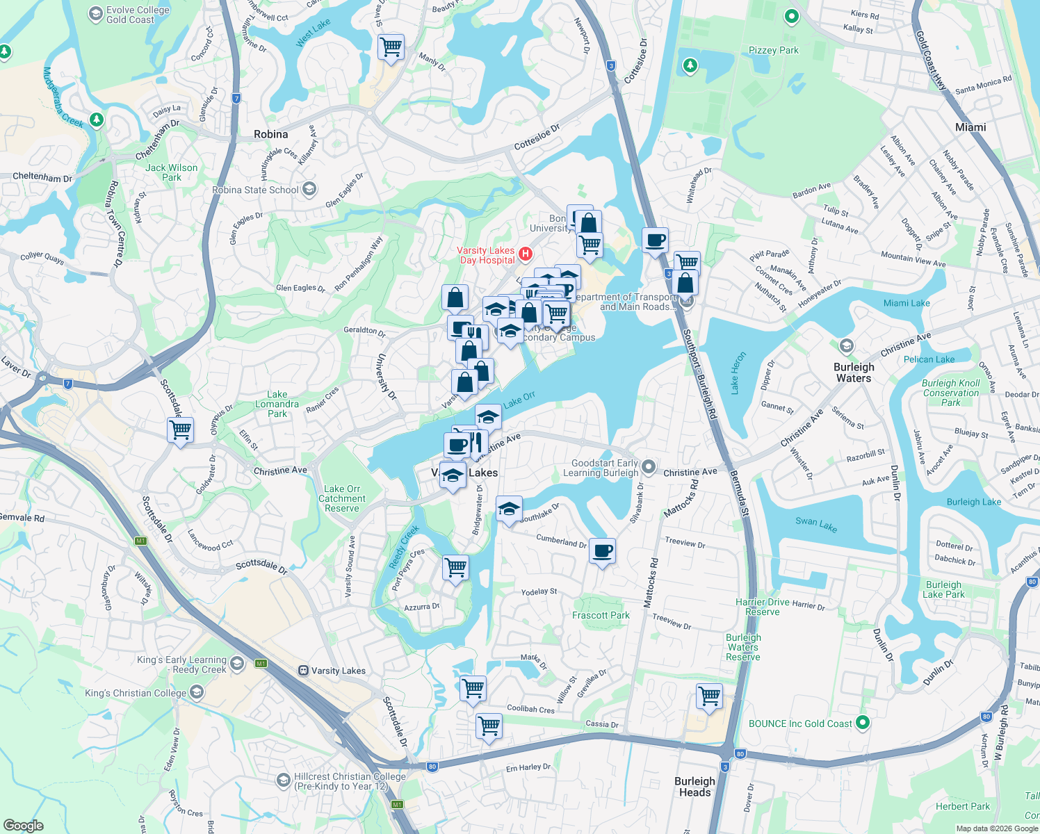 map of restaurants, bars, coffee shops, grocery stores, and more near 1 Cornell Court in Varsity Lakes