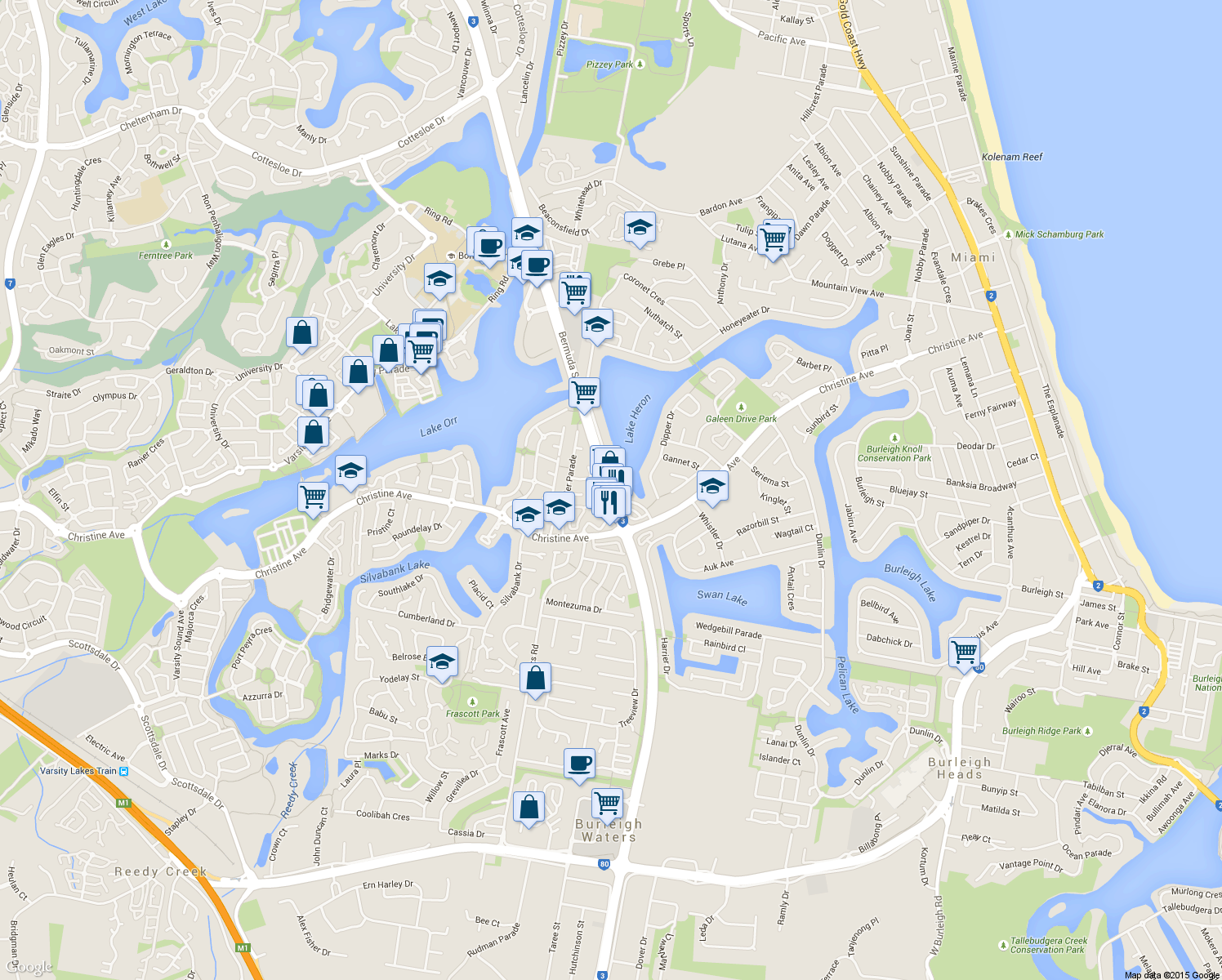 map of restaurants, bars, coffee shops, grocery stores, and more near Bermuda Street in Burleigh Waters