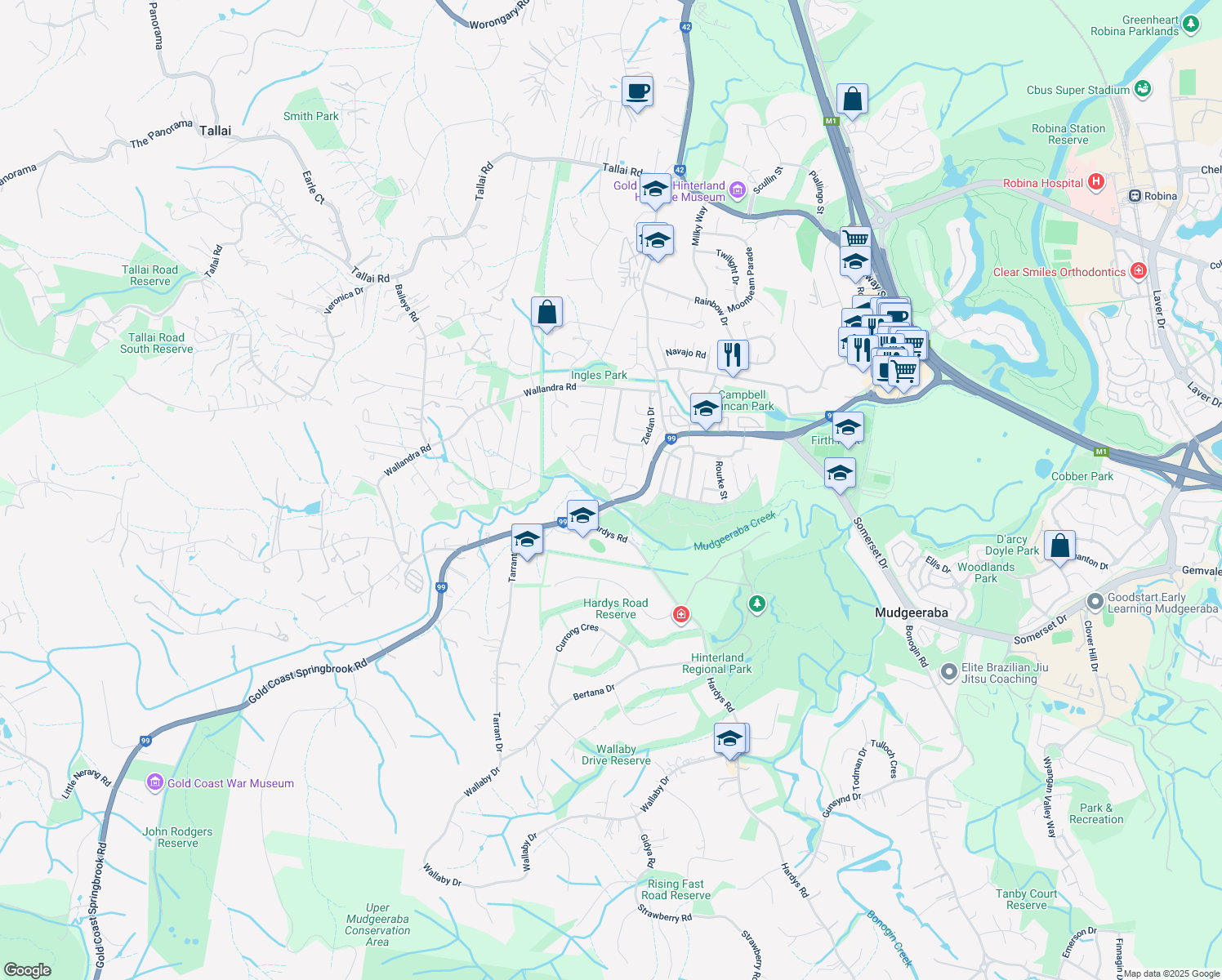 map of restaurants, bars, coffee shops, grocery stores, and more near 17 Douma Drive in Mudgeeraba