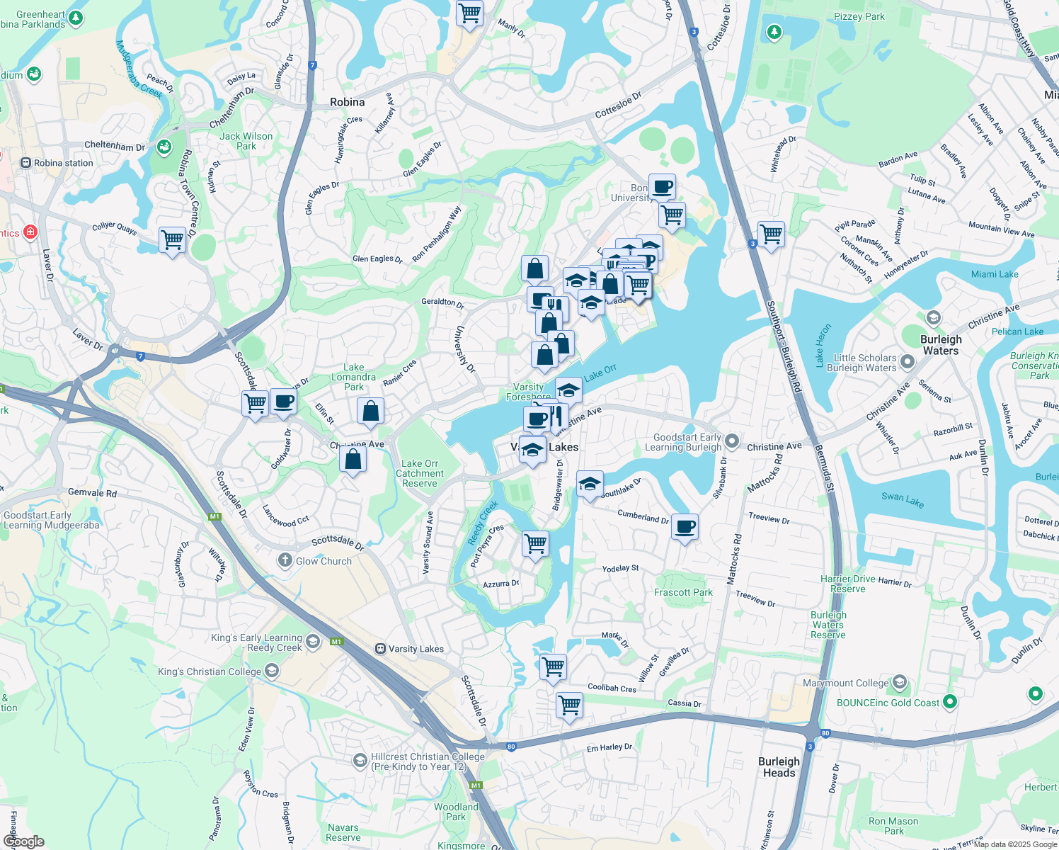 map of restaurants, bars, coffee shops, grocery stores, and more near 11 South Bay Drive in Varsity Lakes