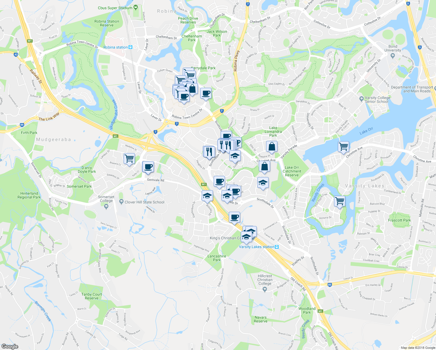map of restaurants, bars, coffee shops, grocery stores, and more near 3-17 Camphor Wood Court in Robina