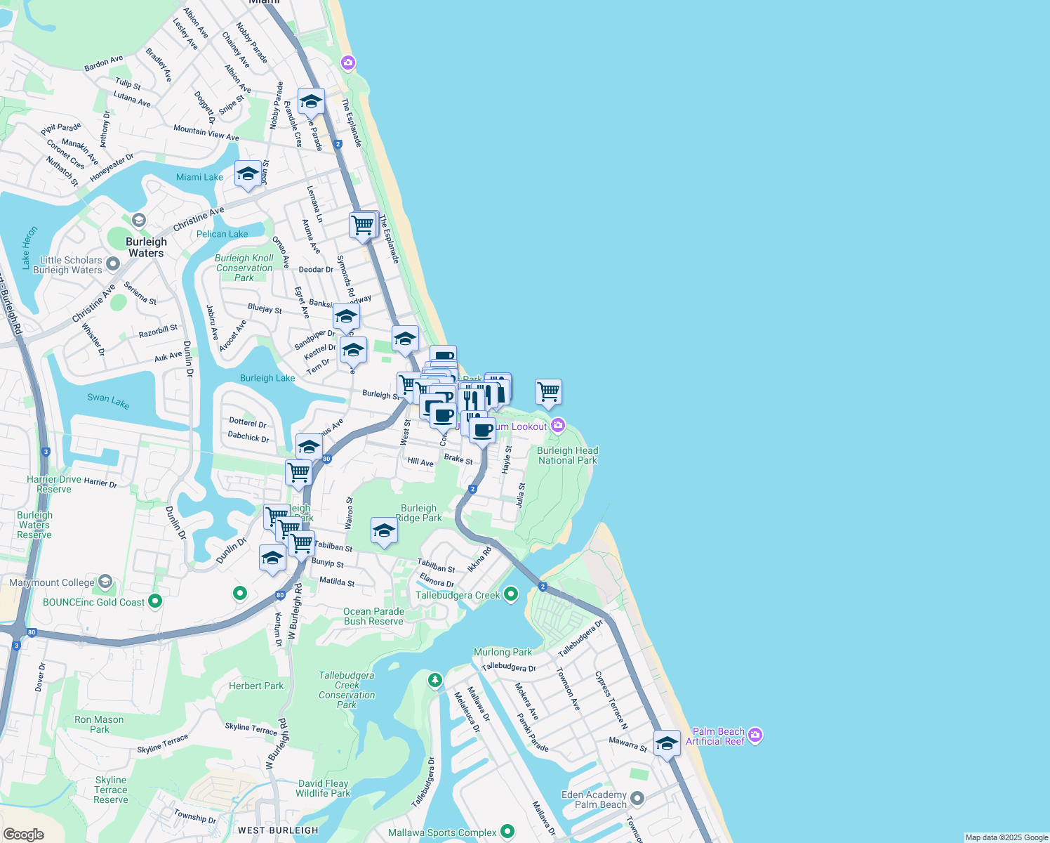 map of restaurants, bars, coffee shops, grocery stores, and more near 20 Goodwin Terrace in Burleigh Heads