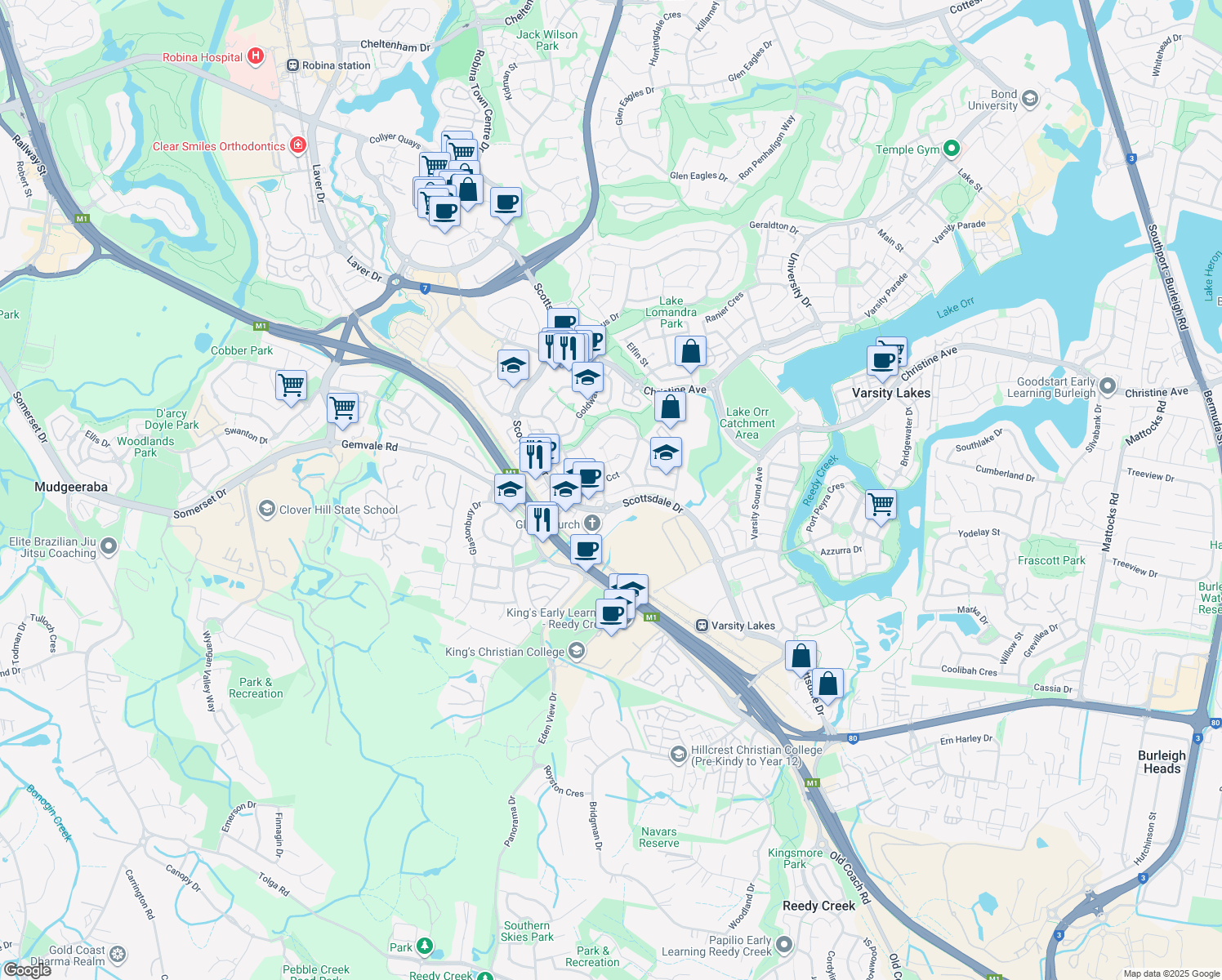 map of restaurants, bars, coffee shops, grocery stores, and more near 1 Acacia Court in Robina