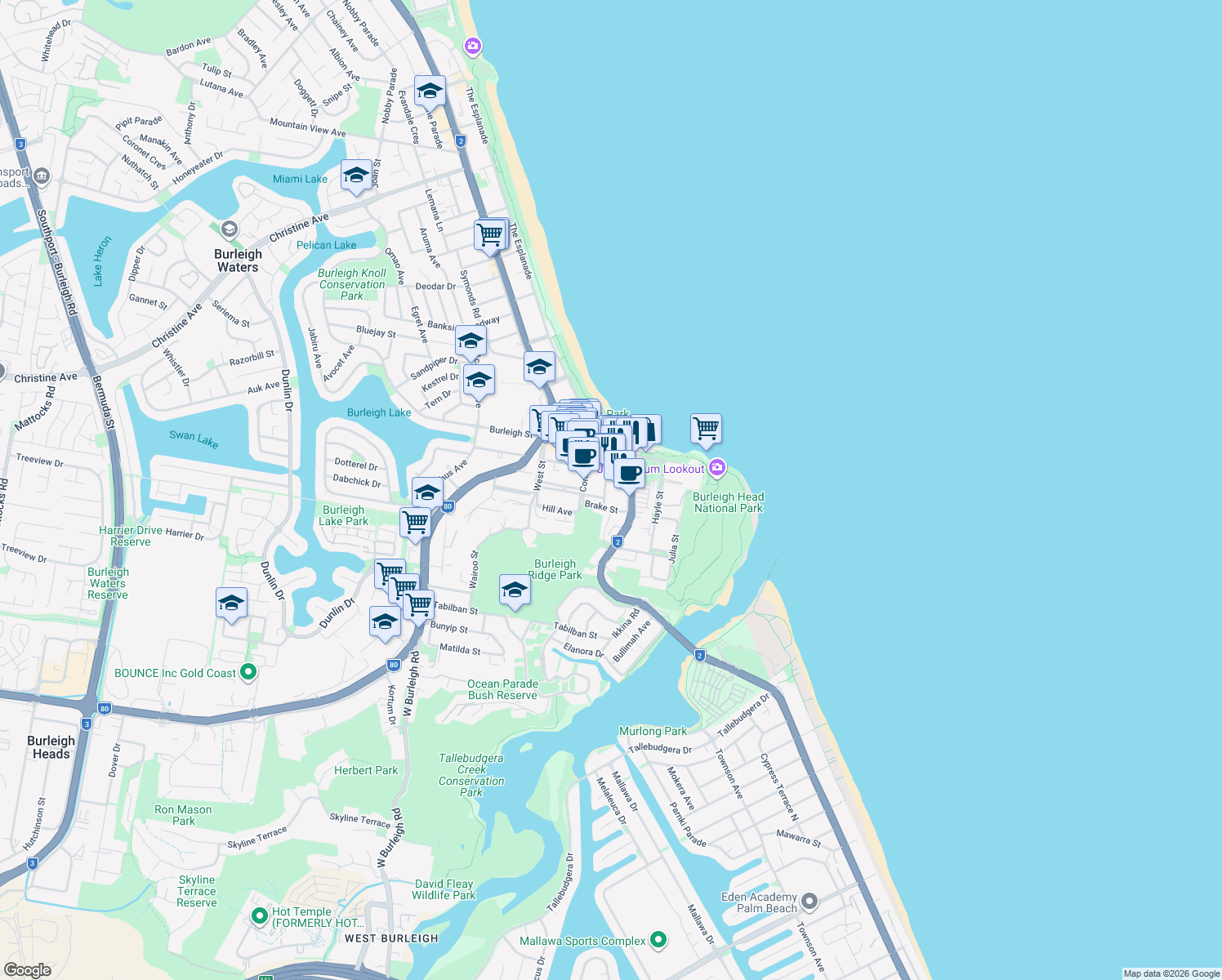 map of restaurants, bars, coffee shops, grocery stores, and more near 1 Ocean Street in Burleigh Heads