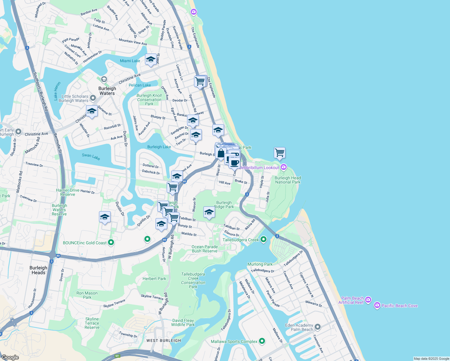map of restaurants, bars, coffee shops, grocery stores, and more near 15 Hill Avenue in Burleigh Heads