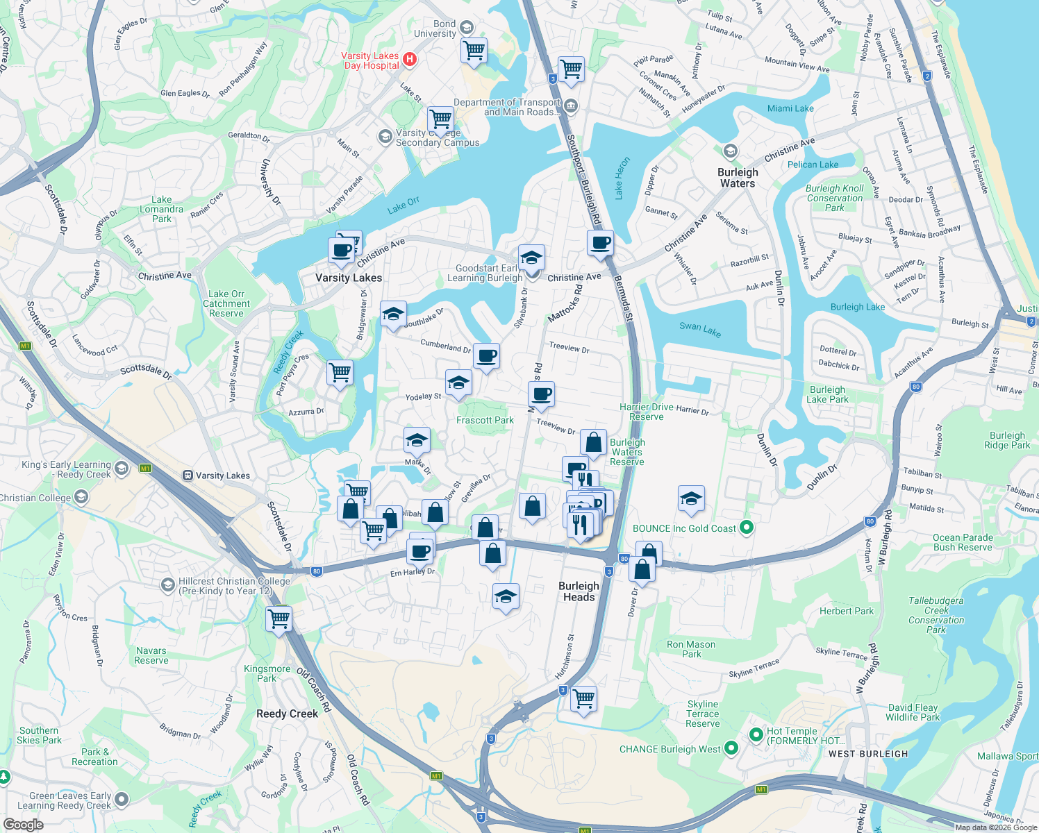 map of restaurants, bars, coffee shops, grocery stores, and more near 39 Frascott Avenue in Varsity Lakes